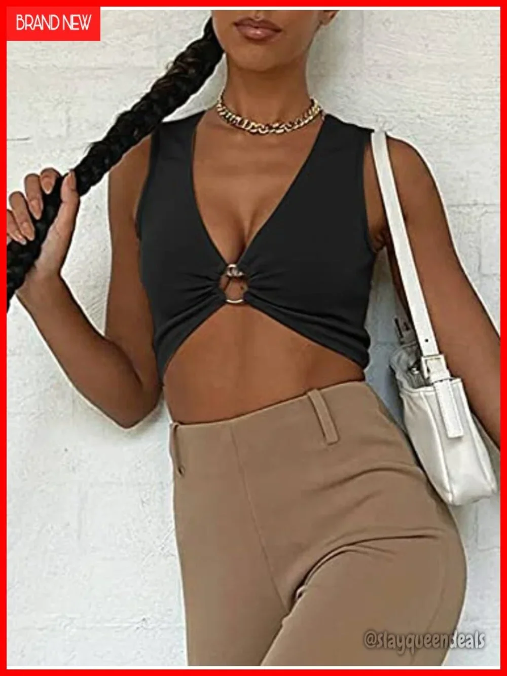 Sleeveless Deep V Neck Crop Top with Silver Ring - Y2K Clubwear